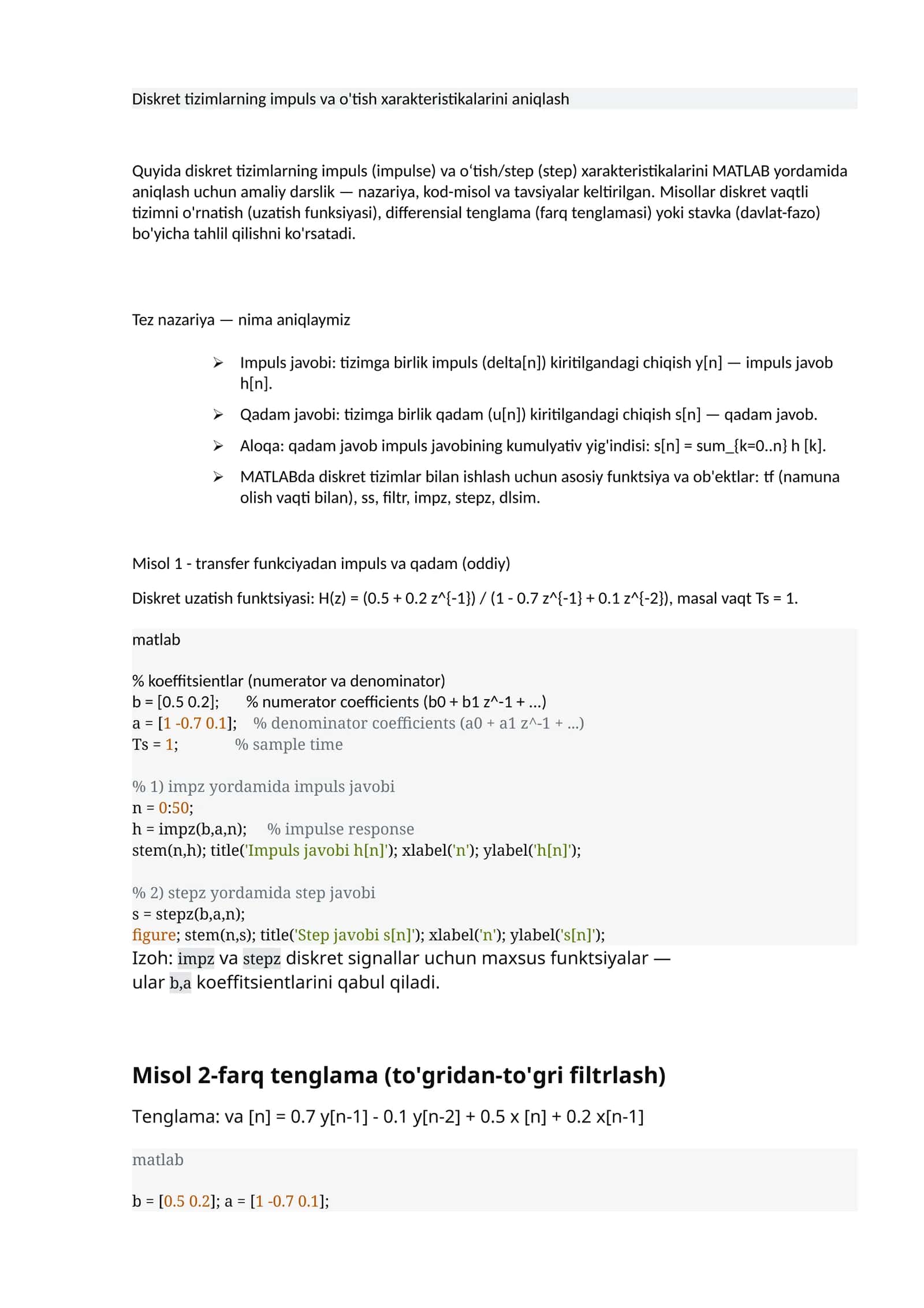 Diskret tizimlarning impuls va o'tish xarakteristikalarini aniqlash 1
