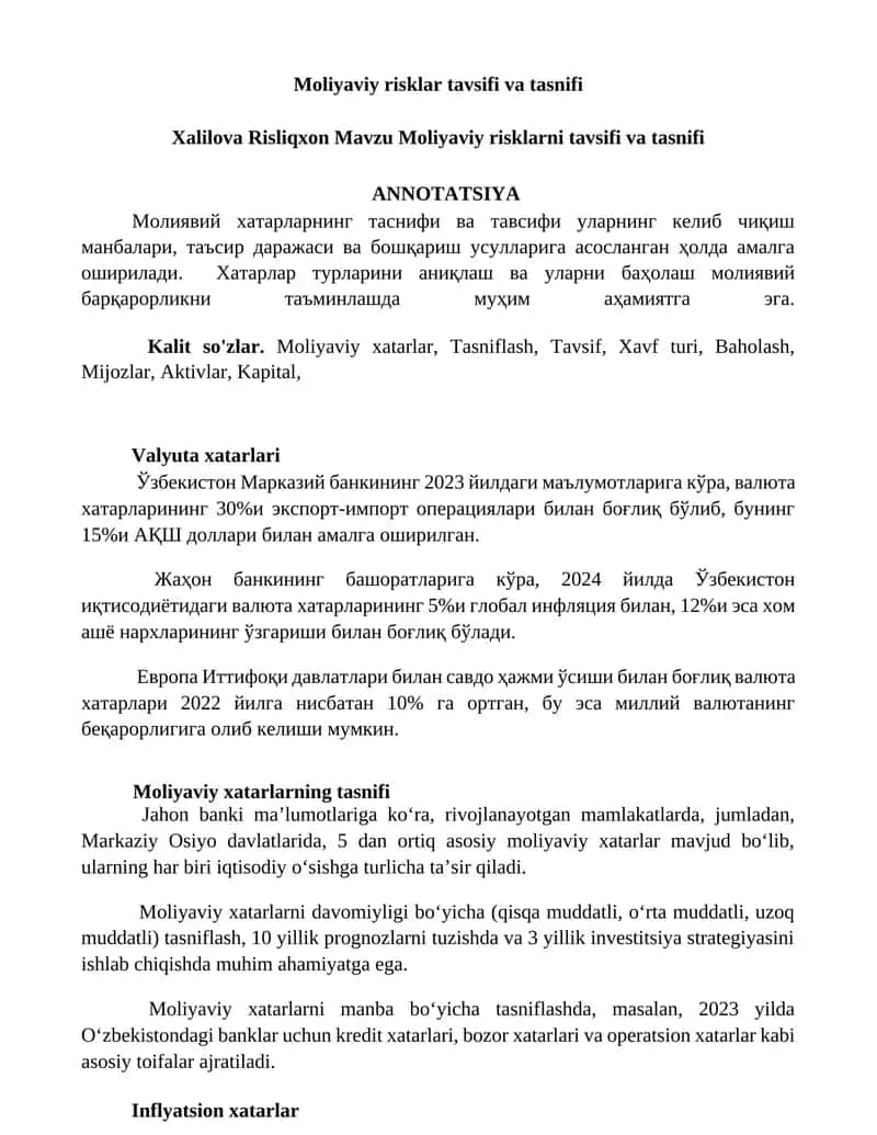 Moliyaviy risklar tavsifi va tasnifi 1