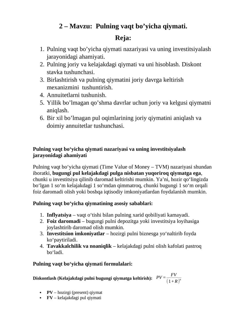 Pulning vaqt bo’yicha qiymati 1