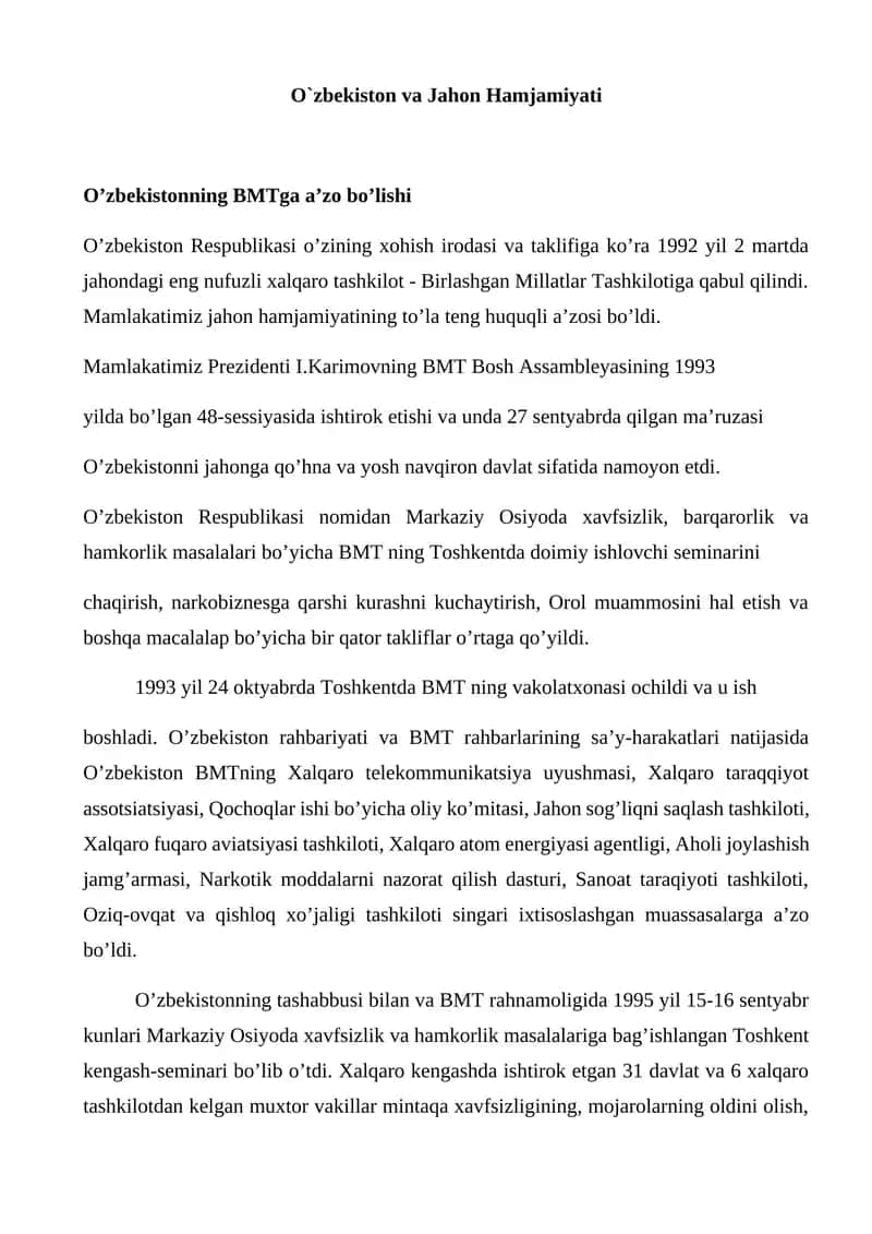 O’zbekiston va Jahon Hamjamiyati 1