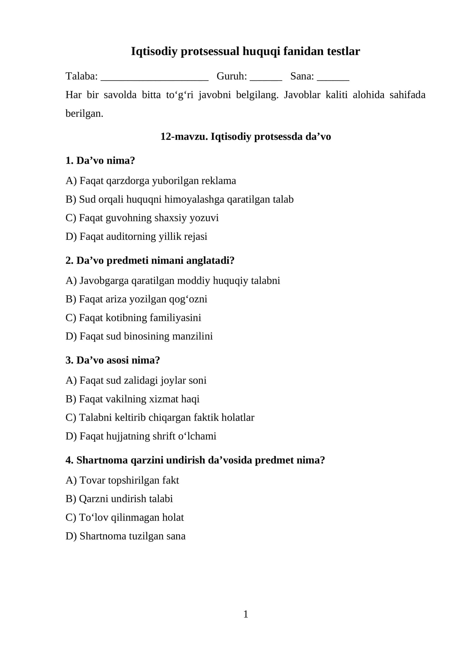 Iqtisodiy protsessda daʼvo TEST. 1