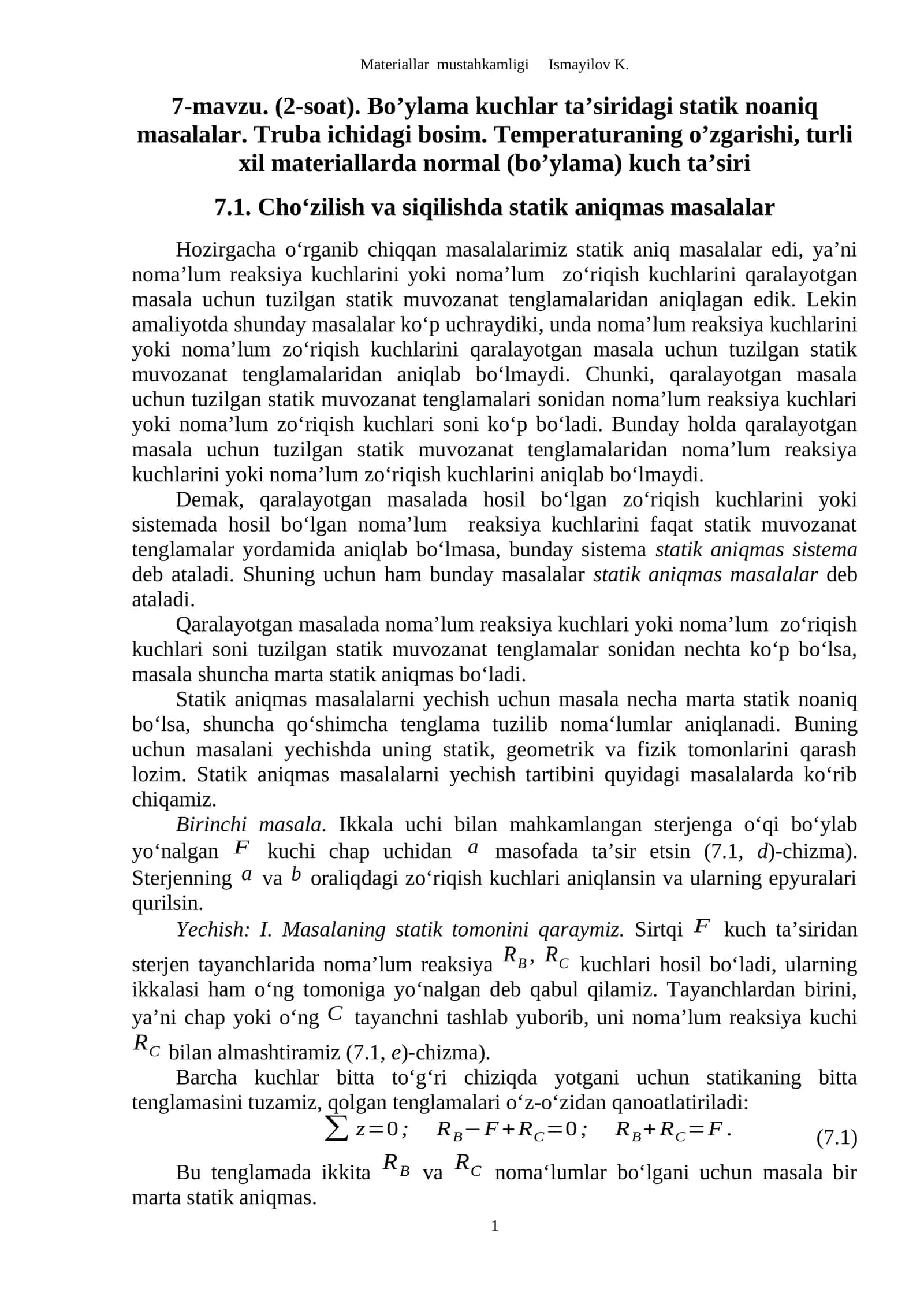 7.1. Cho‘zilish va siqilishda statik aniqmas masalalar 1