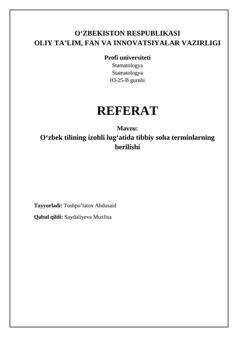 Oʻzbek tilining izohli lugʻatida tibbiy soha terminlarning berilishi 1