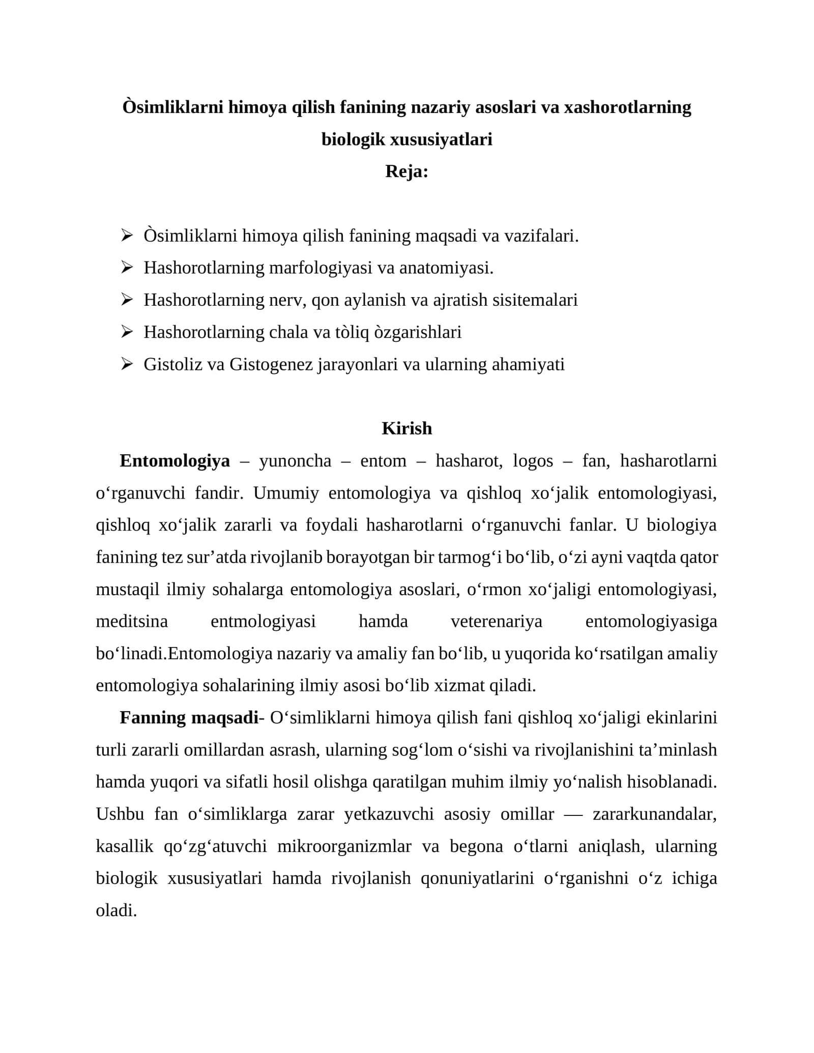 Òsimliklarni himoya qilish fanining nazariy asoslari va xashorotlarning biologik xususiyatlari 1