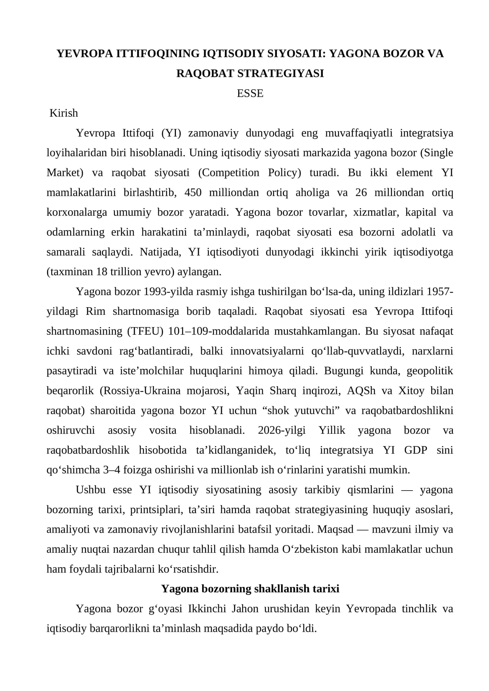 YEVROPA ITTIFOQINING IQTISODIY SIYOSATI: YAGONA BOZOR VA RAQOBAT STRATEGIYASI 1