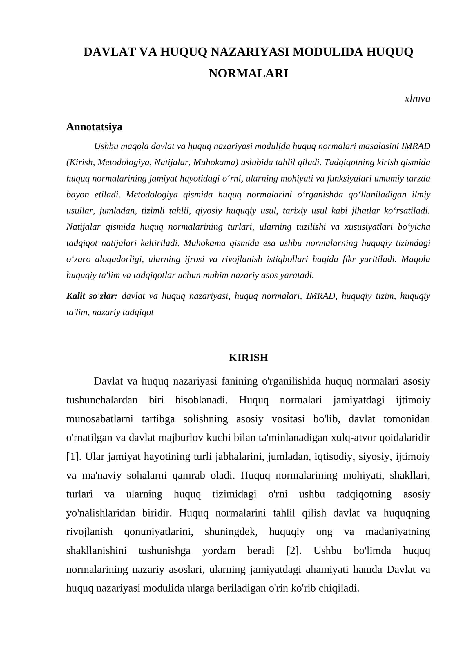 DAVLAT VA HUQUQ NAZARIYASI MODULIDA HUQUQ NORMALARI 1