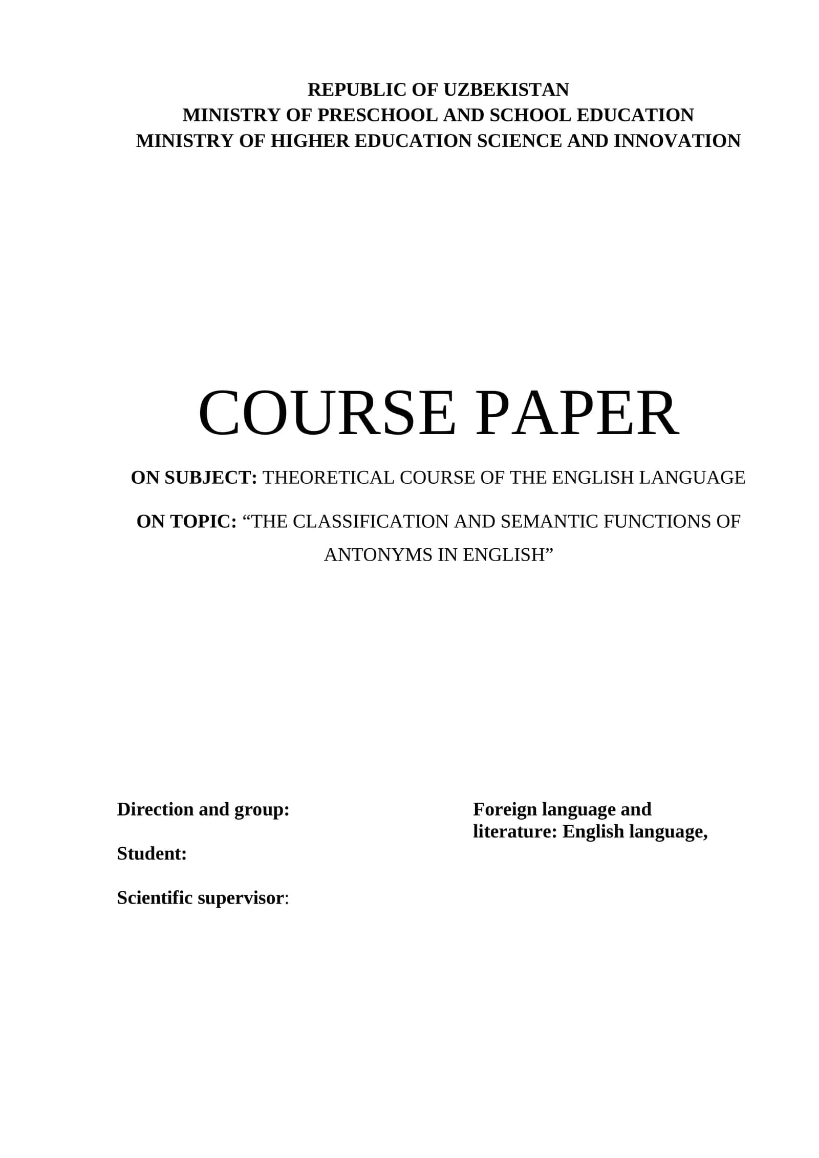 COURSE PAPER on THEORETICAL COURSE OF THE ENGLISH LANGUAGE 1