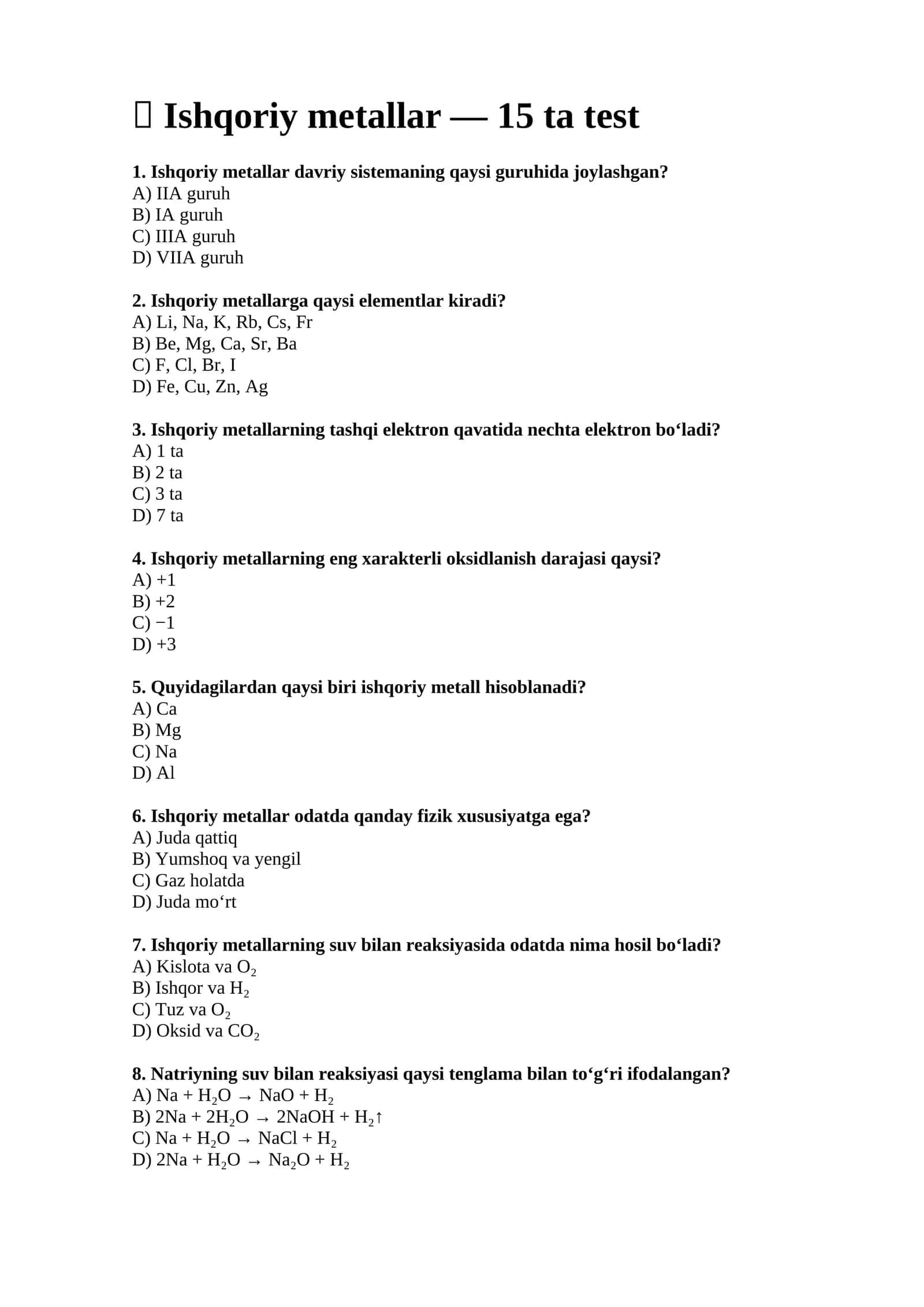 Ishqoriy metallar test 1