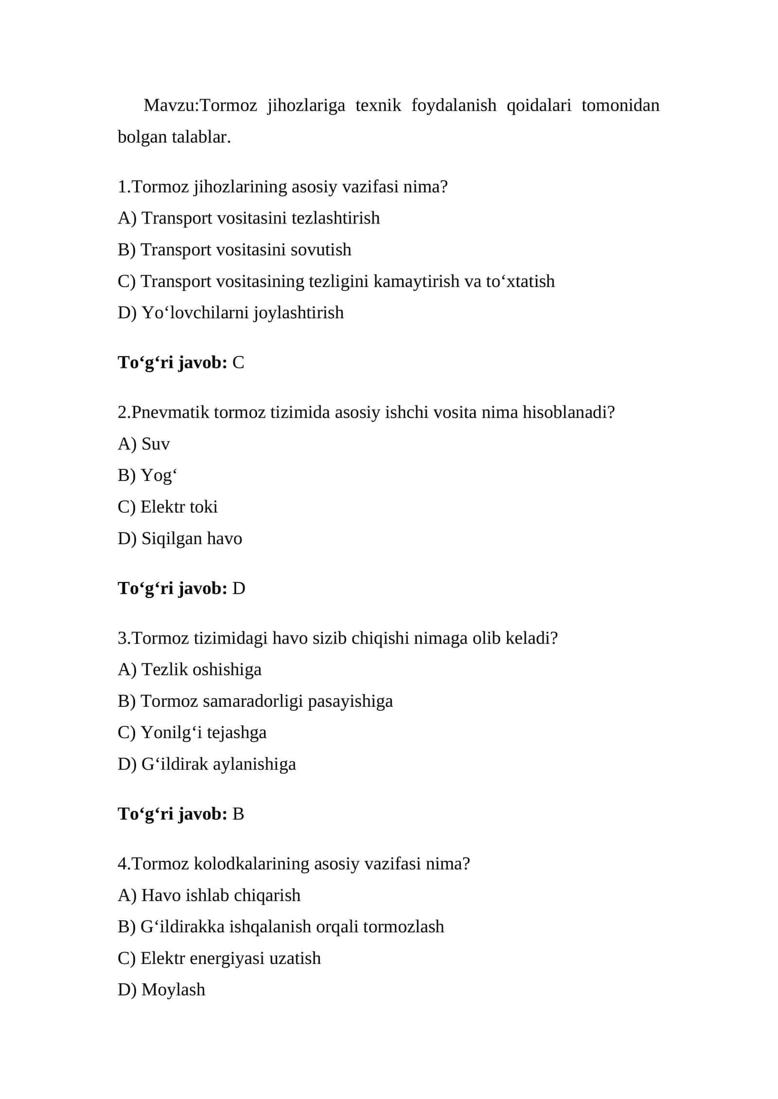 Tormoz jihozlariga texnik foydalanish qoidalari 1