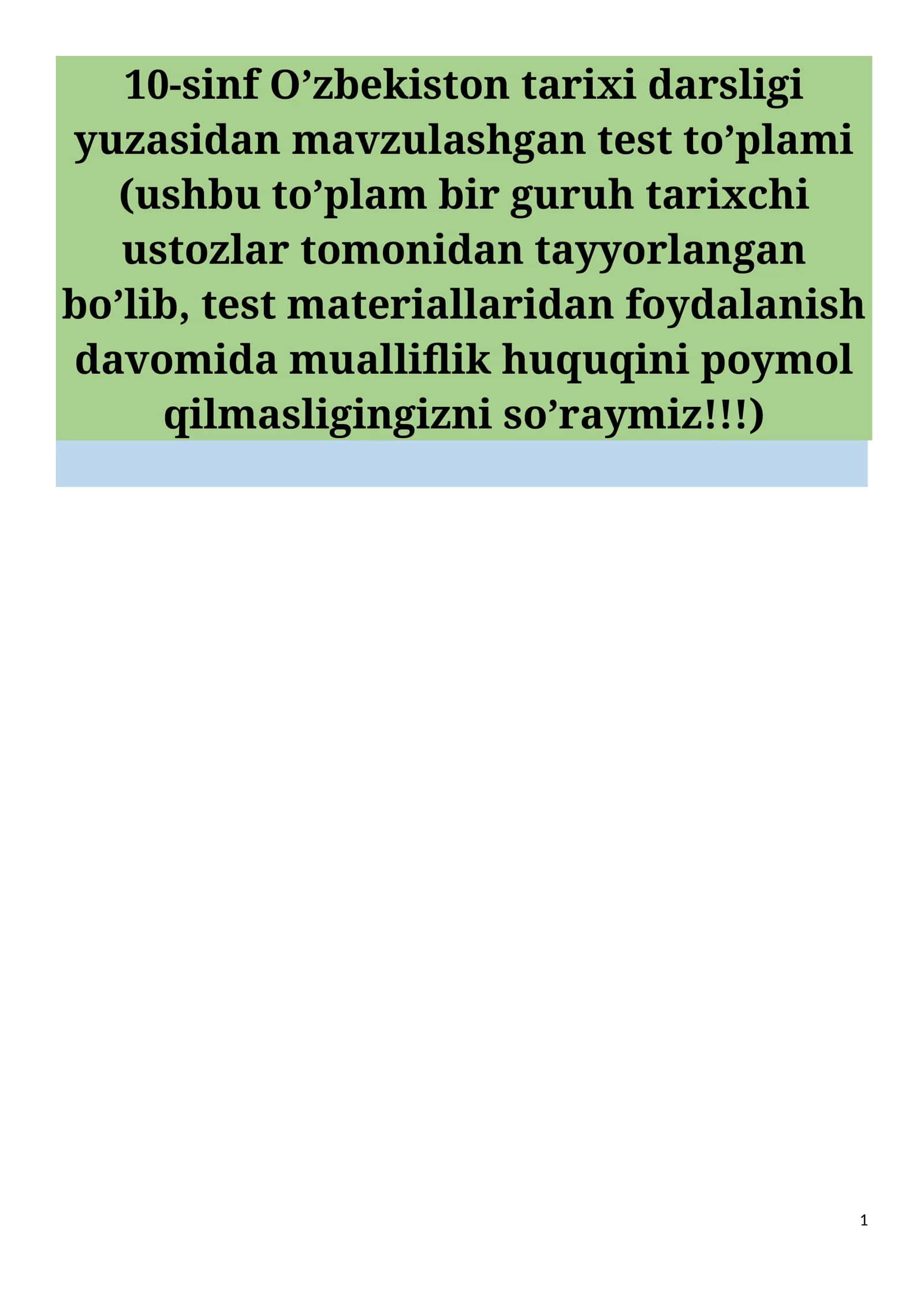 10-sinf O’zbekiston tarixidan mavzulshtirilgan testlar 1