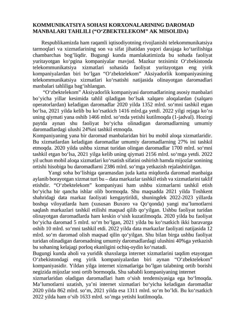 Kommunikatsiya sohasi korxonalarining daromad manbalari tahlili 1