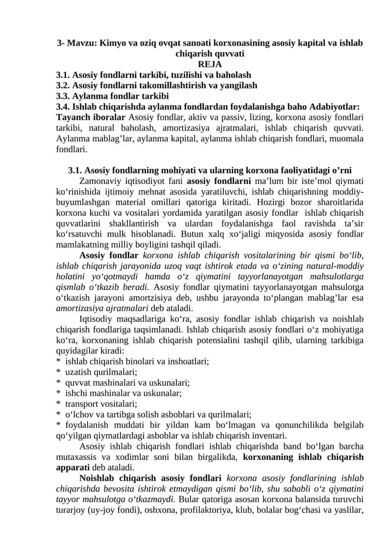 Kimyo va oziq ovqat sanoati korxonasining asosiy kapital va ishlab chiqarish quvvati 1