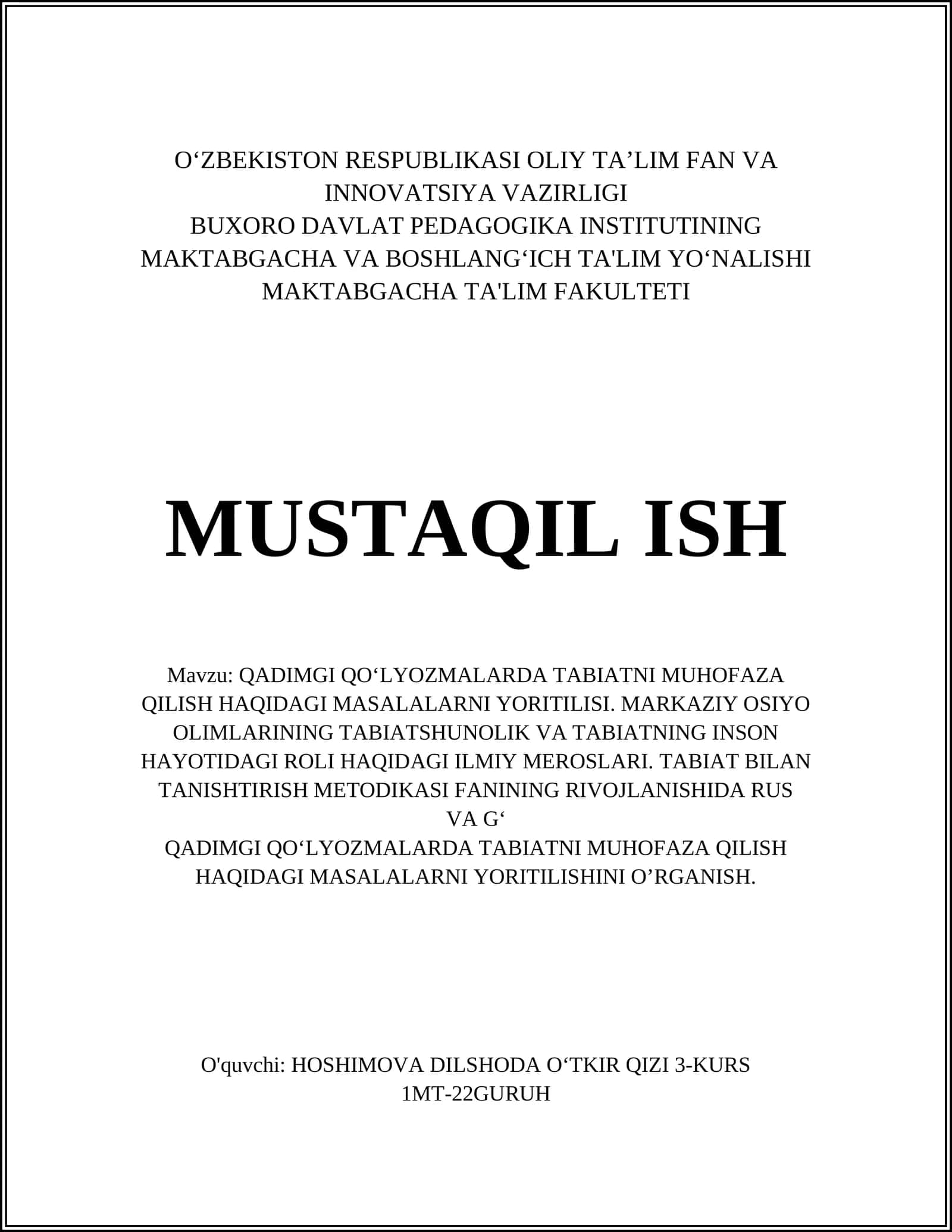 QADIMGI QO‘LYOZMALARDA TABIATNI MUHOFAZA QILISH HAQIDAGI MASALALARNI YORITILISHI 1