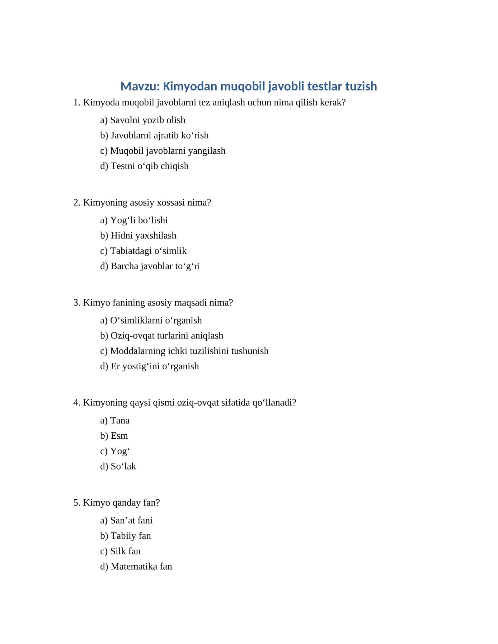 Kimyodan muqobil javobli testlar tuzish 1