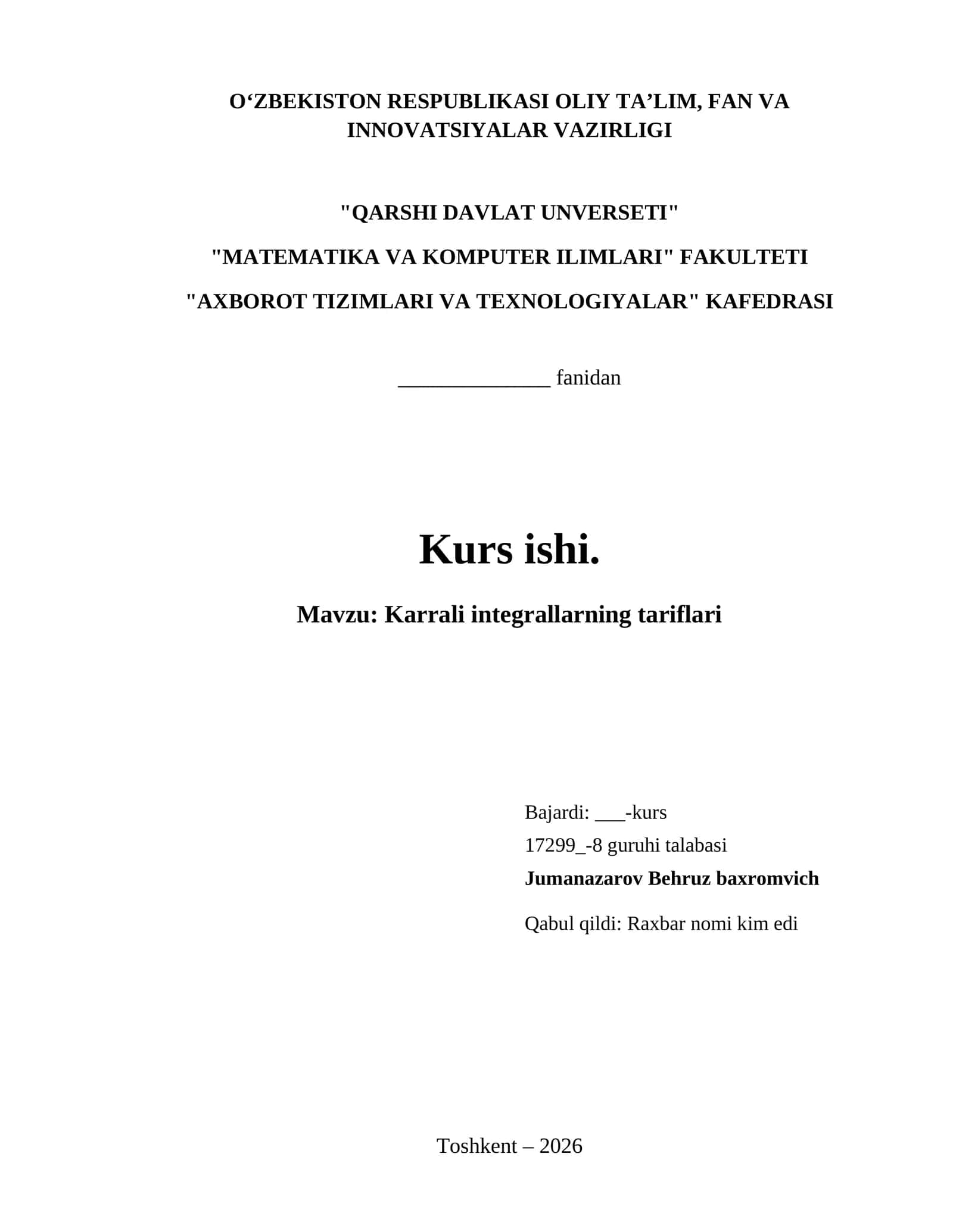 Karrali integrallarning tariflari 1