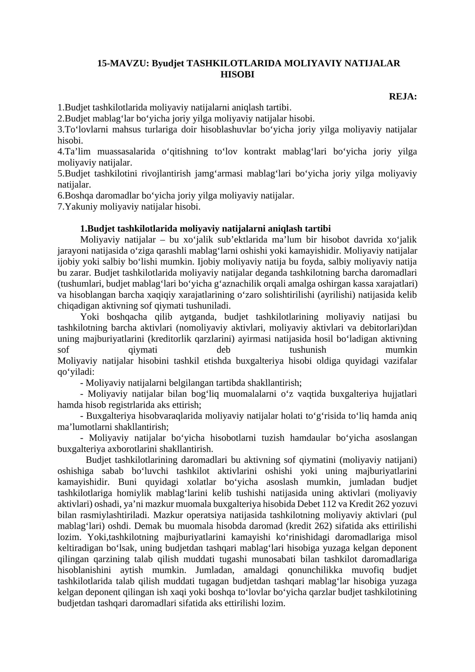 Byudjet TASHKILOTLARIDA MOLIYAVIY NATIJALAR HISOBI 1