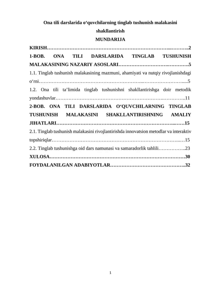 Ona tili darslarida o‘quvchilarning tinglab tushunish malakasini shakllantirish 1