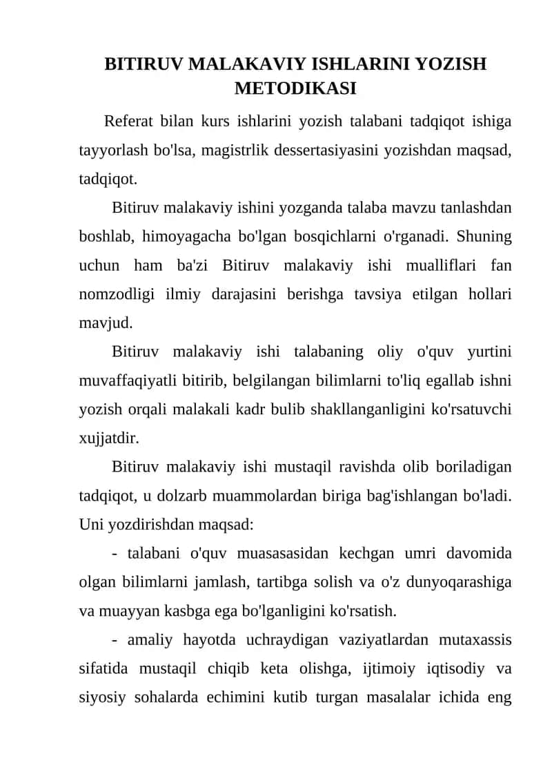 Bitiruv Malakaviy Ishlarini Yozish Metodikasi 1