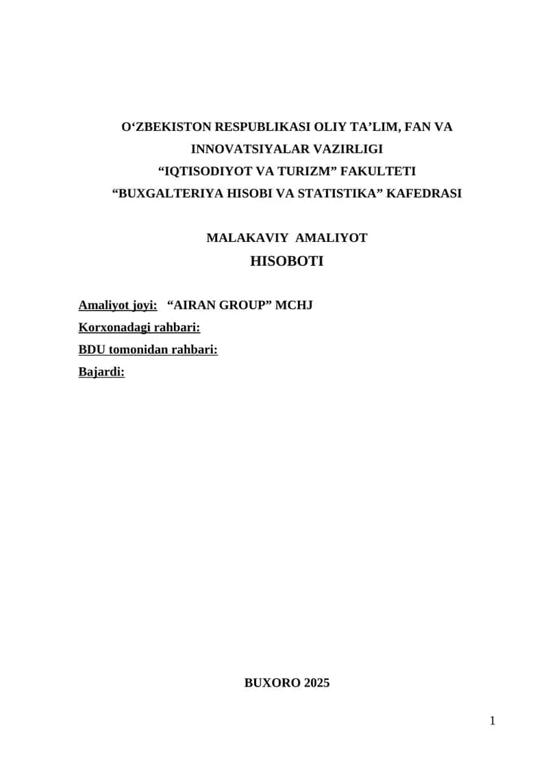 Supermarket va fastfood tarmoqlari bitiruv amaliy hisoboti. 1