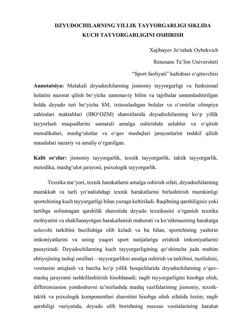 Dzyudochilarning yillik tayyorgarligi siklida kuch tayyorgarligini oshirish 1
