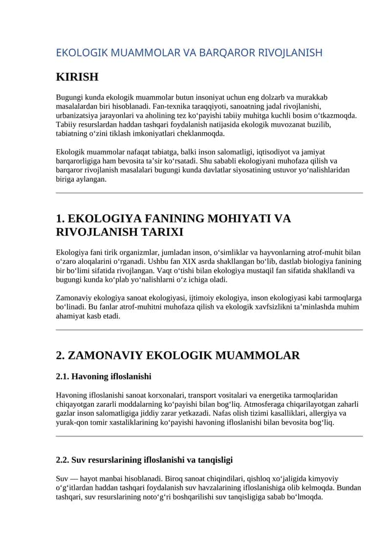 Ekologik muammolar mavzusida referat 1