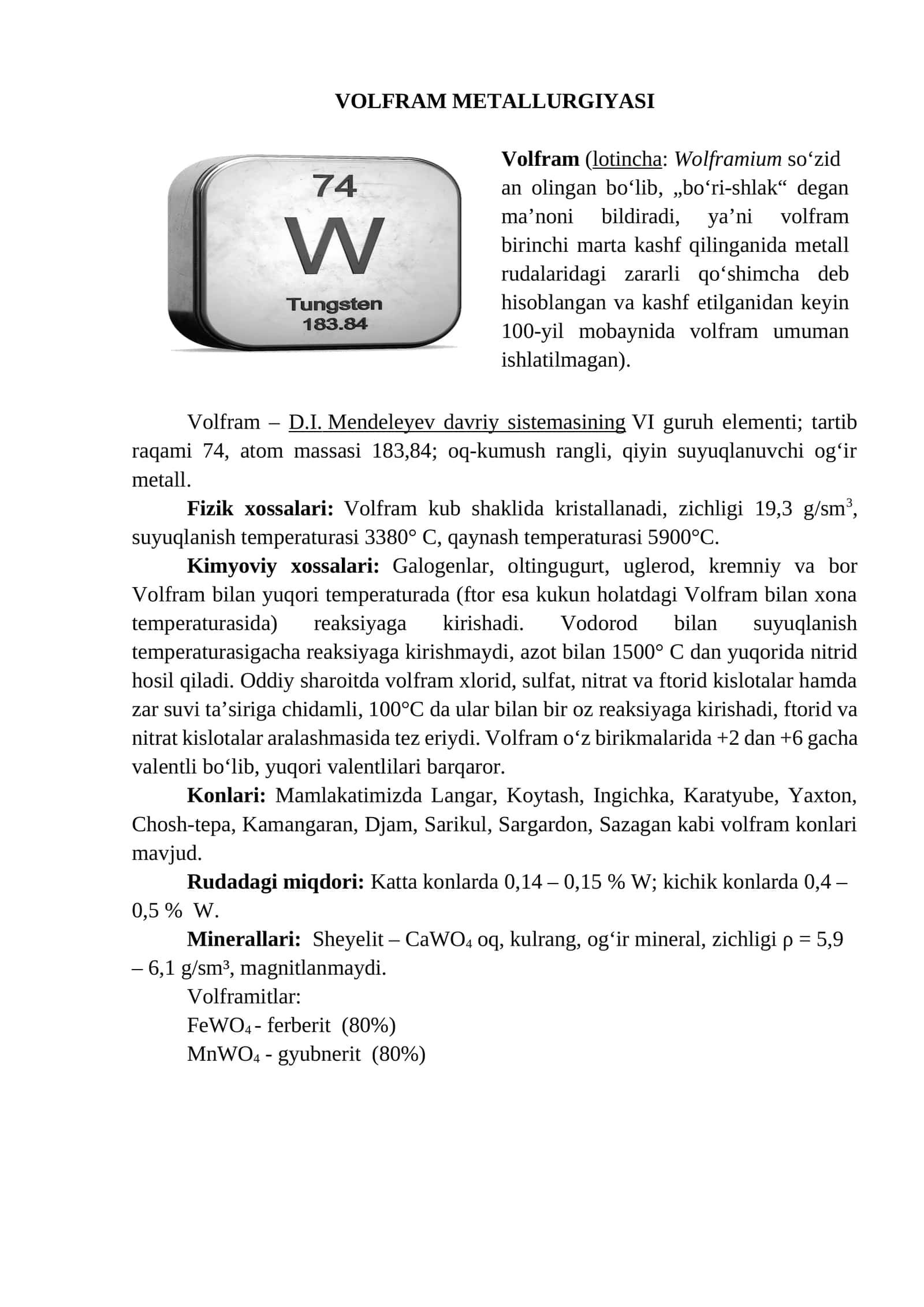 VOLFRAM METALLURGIYASI 1