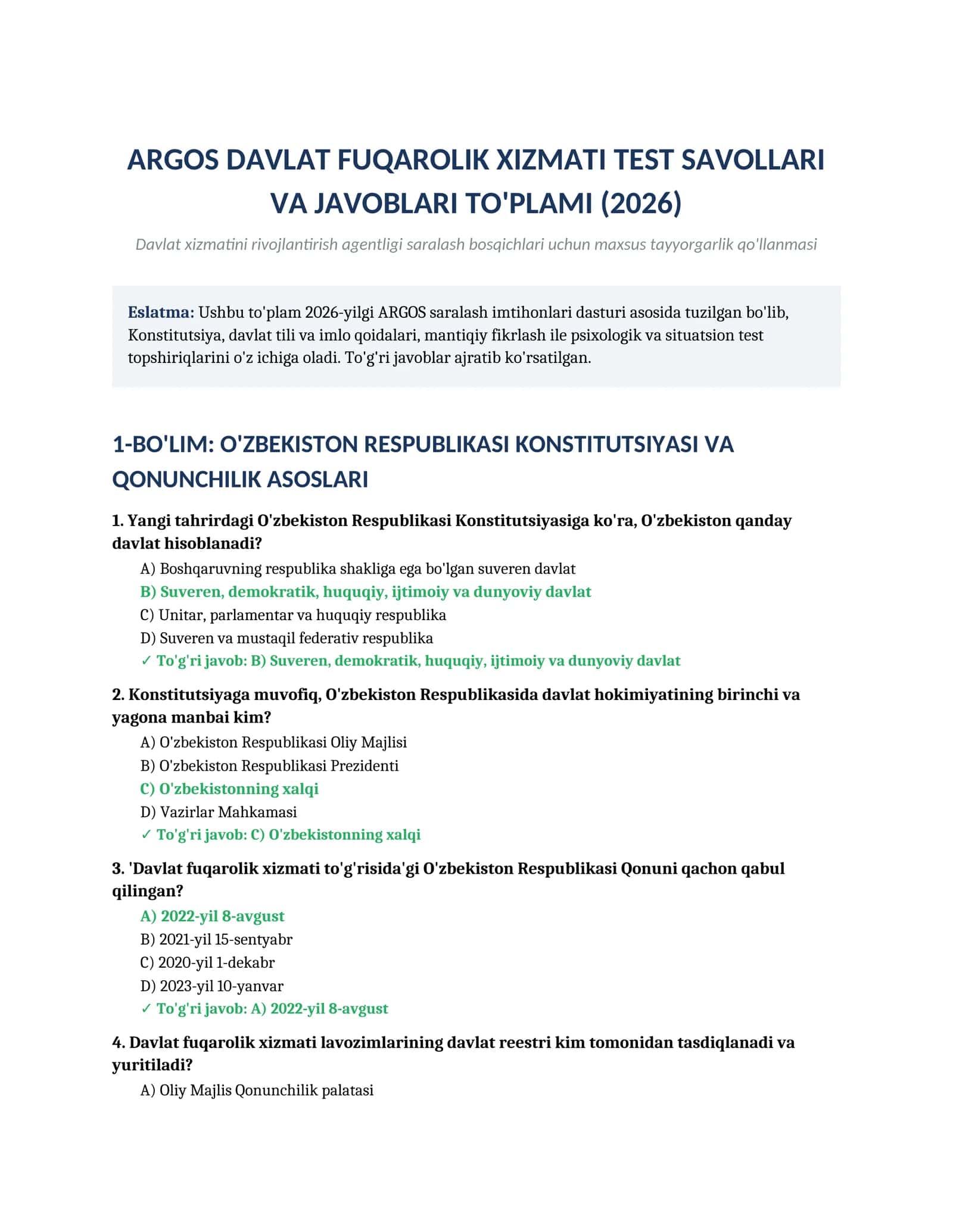 ARGOS Davlat xizmatchilari test savollari va javoblari to'plami (2026) 1