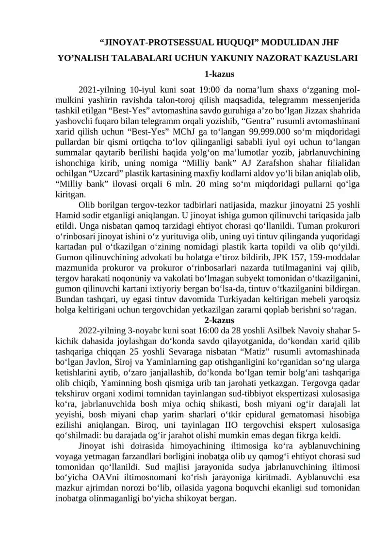 "JINOYAT-PROTSESSUAL HUQUQI" MODULI 1