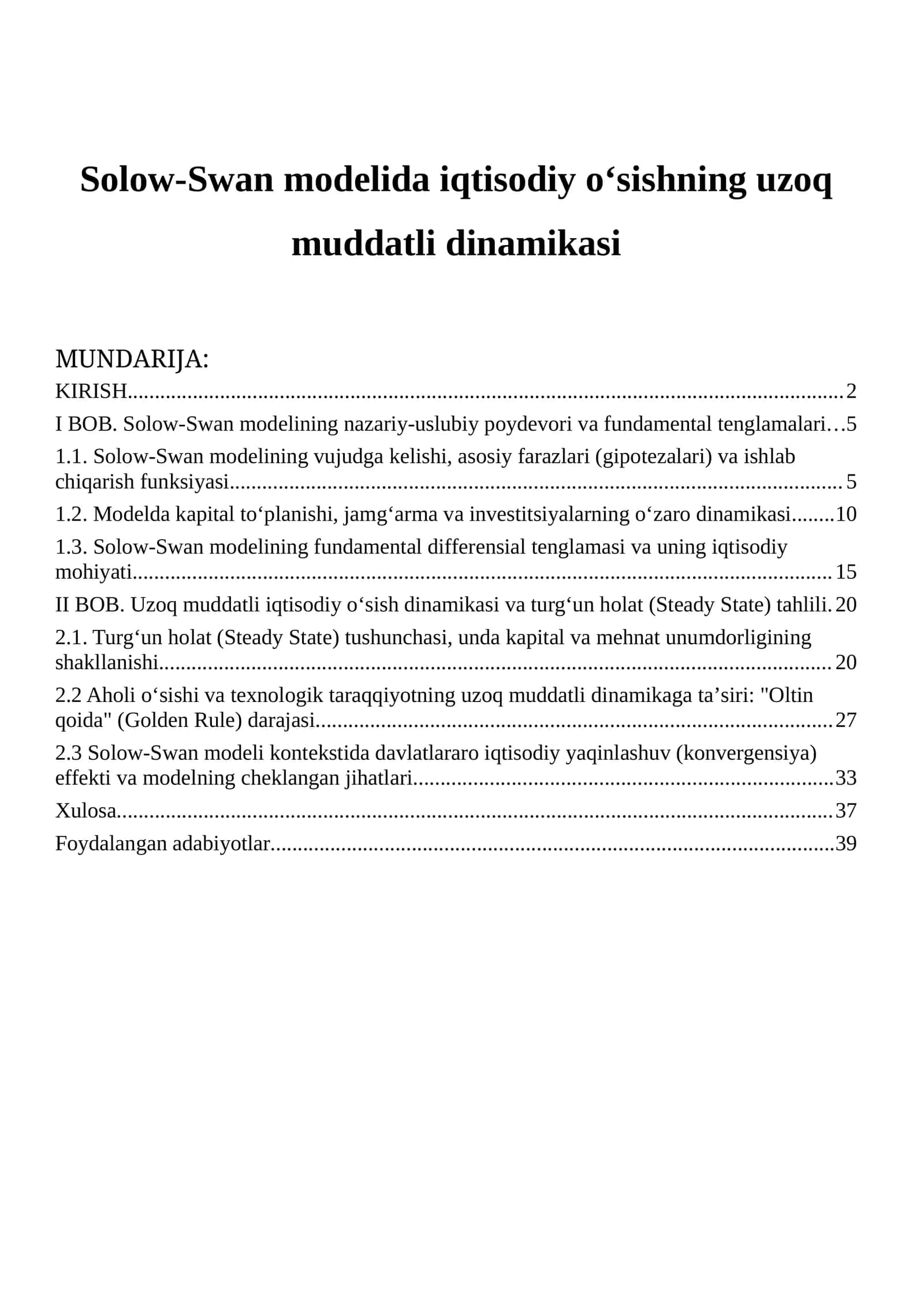 Solow-Swan modelida iqtisodiy oʻsishning uzoq muddatli dinamikasi 1