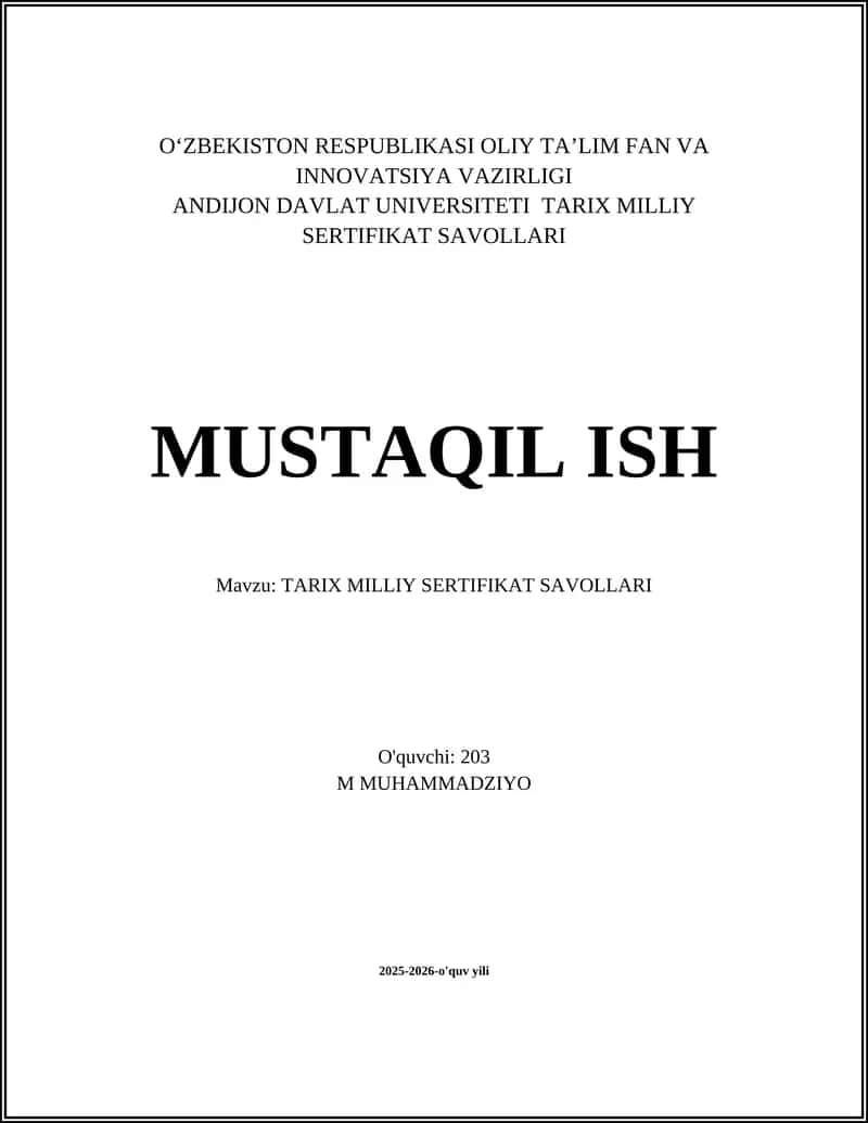 TARIX MILLIY SERTIFIKAT SAVOLLARI 1