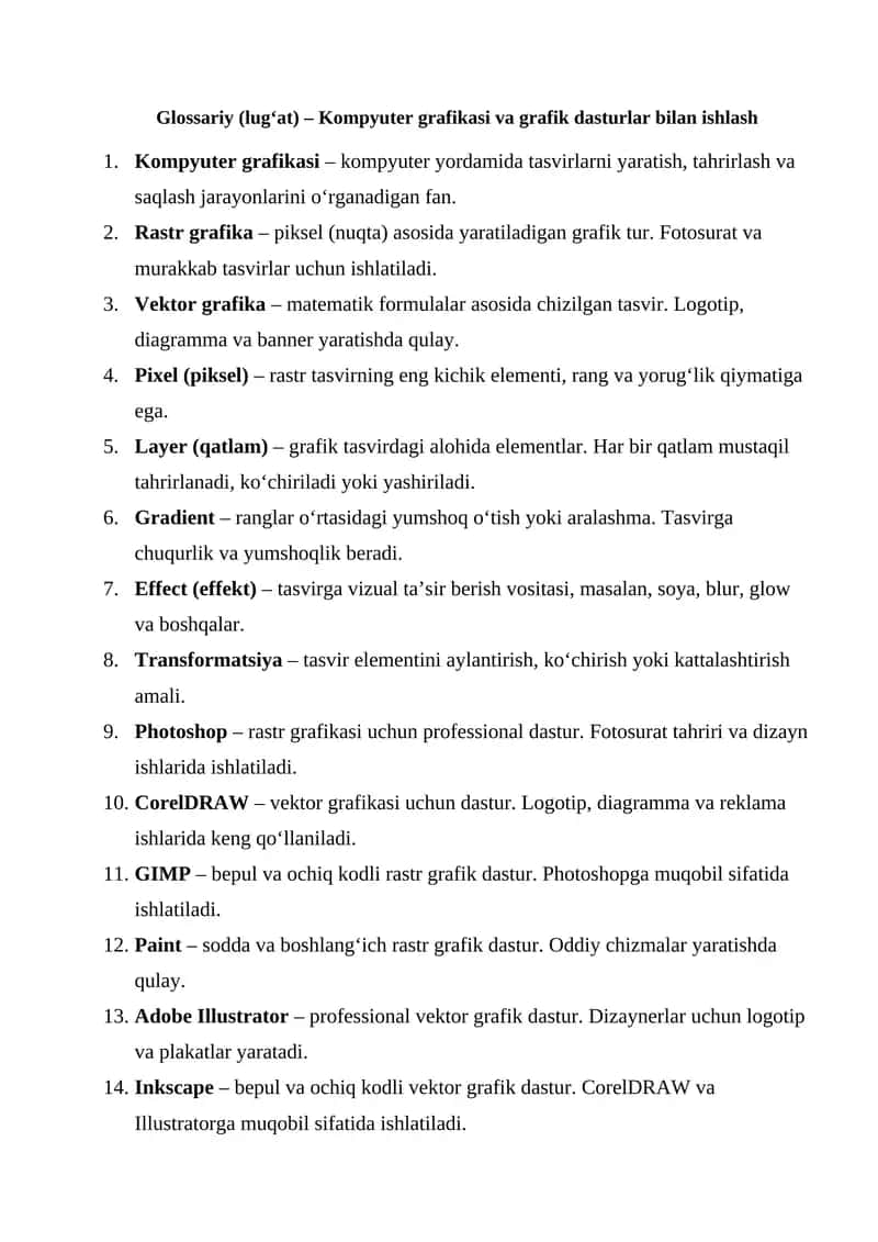 Kompyuter grafikasi va grafik dasturlar bilan ishlash 1