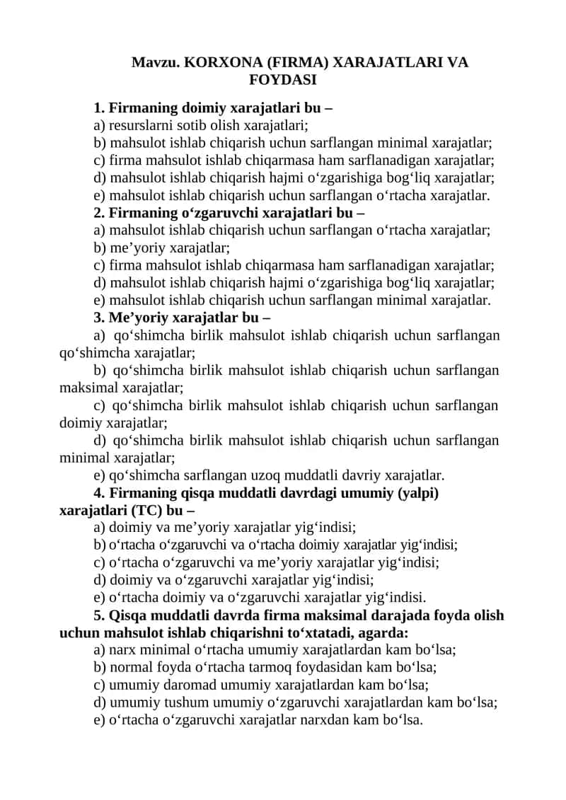 KORXONA (FIRMA) XARAJATLARI VA FOYDASI 1