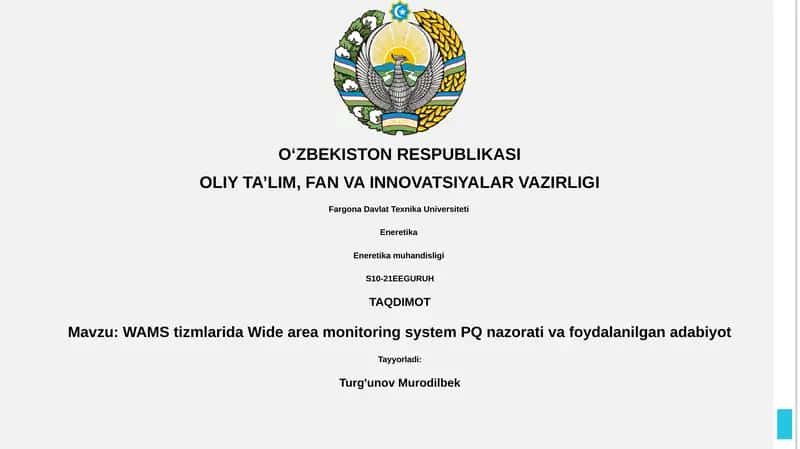 WAMS tizmlarida Wide area monitoring system PQ nazorati va foydalanilgan adabiyot 1