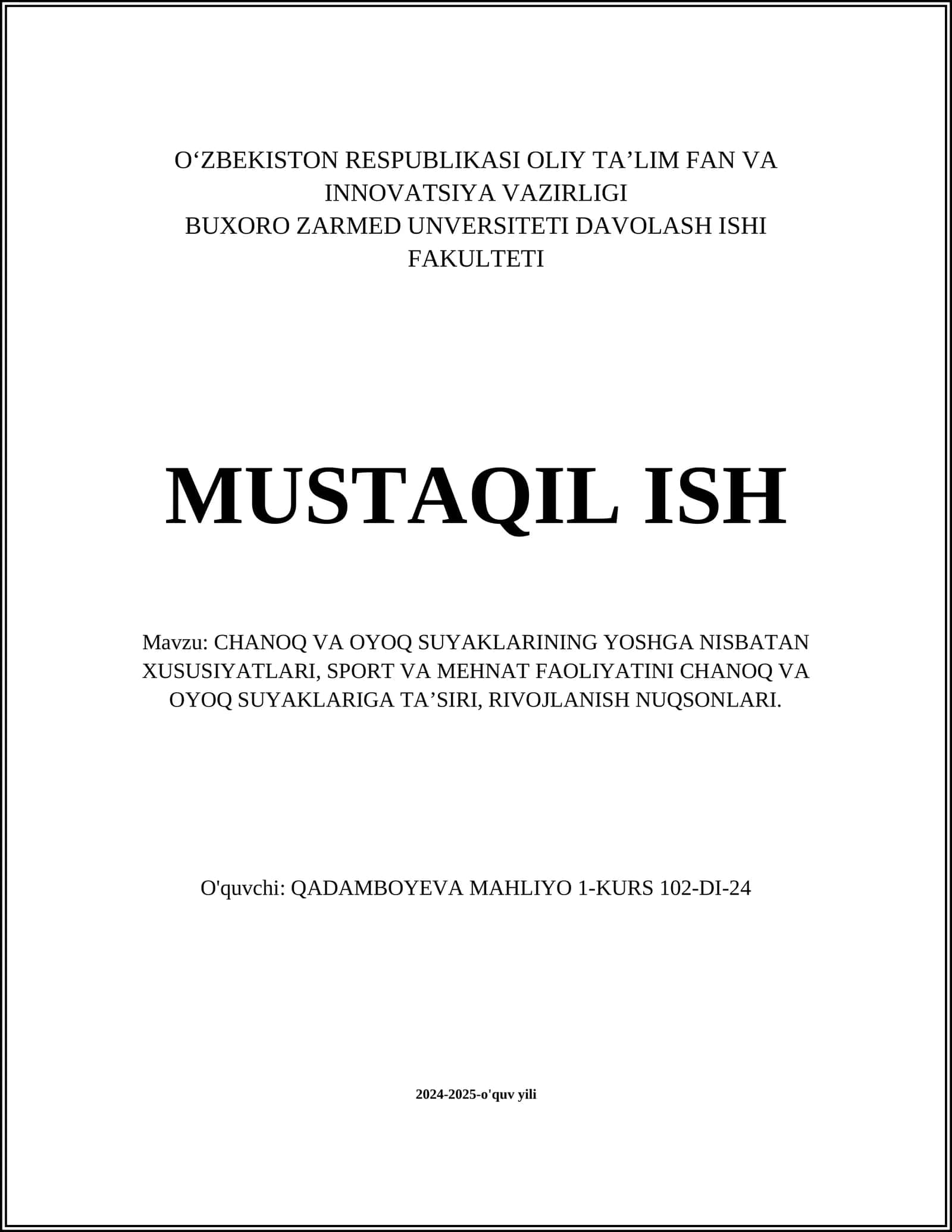 Yoshga nisbatan xususiyatlari, sport va mehnat faoliyatini chanoq va oyoq suyaklariga taʼsiri 1