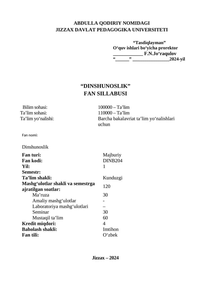 Dinshunoslik Fan Sillabusi 1