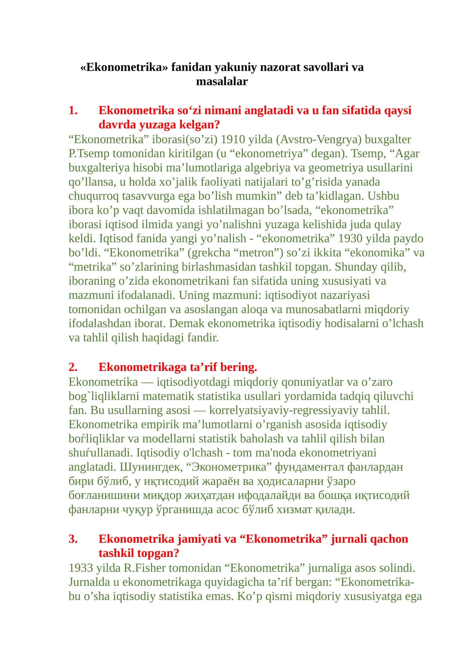 Ekonometrika Yakuniy nazorat 1