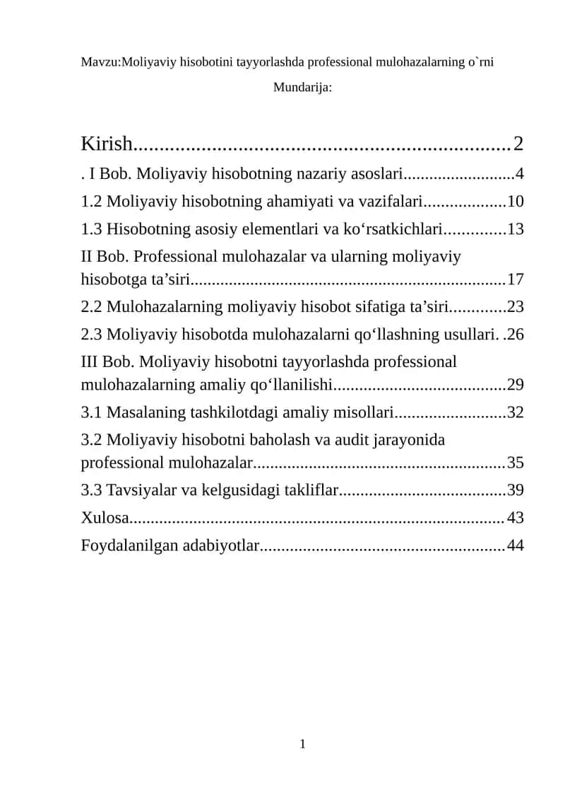 Moliyaviy hisobotni tayyorlashda professional mulohazalarning o`rni 1