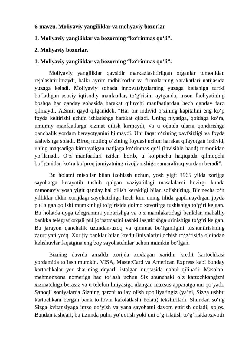 Moliyaviy yangiliklar va moliyaviy bozorlar 1