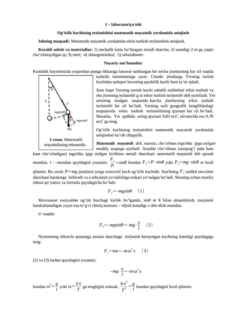 Matematik mayatnik yordamida og‘irlik kuchining tezlanishini aniqlash 1