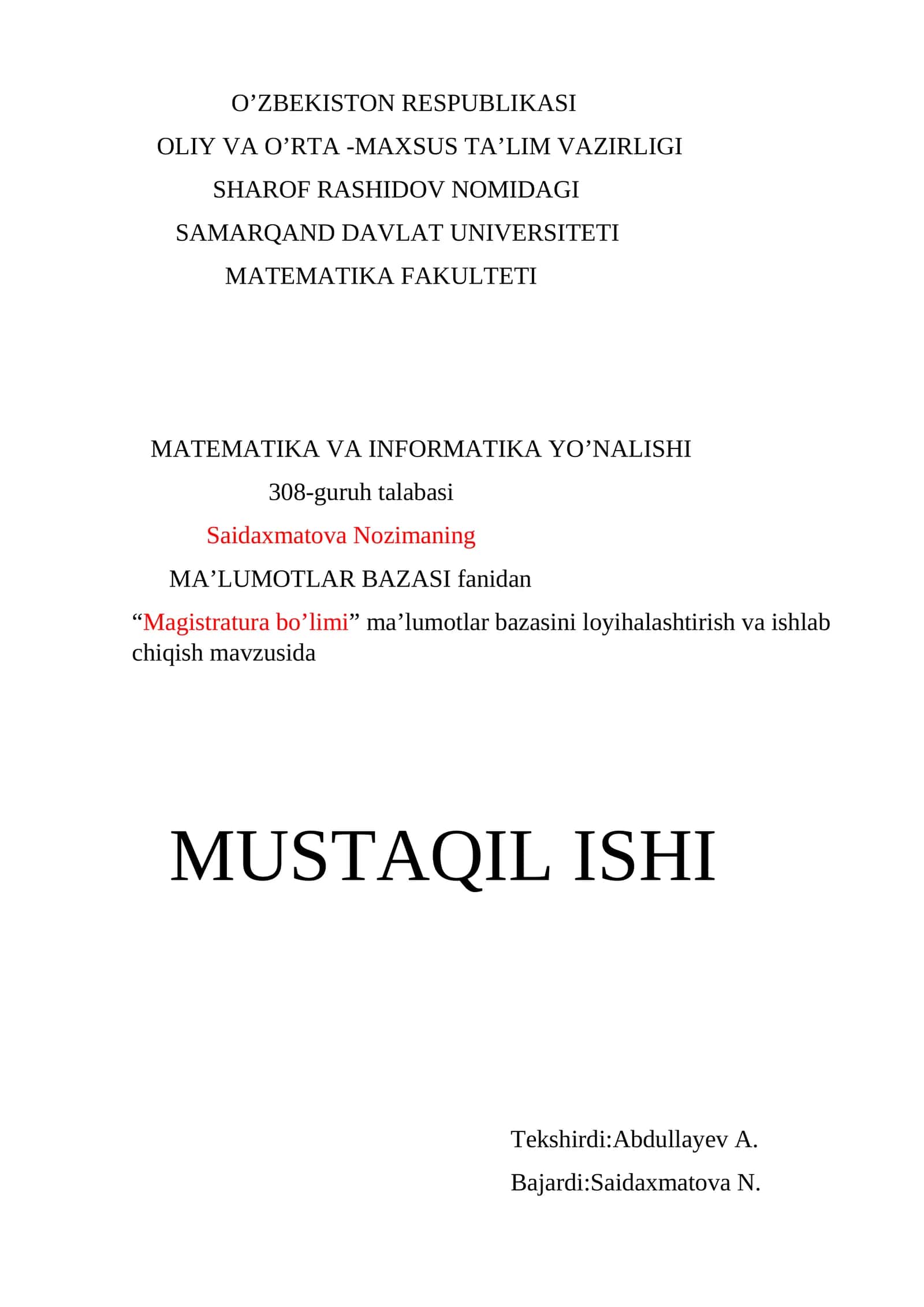 “MAGISTRATURA BO’LIMI” ma’lumotlar bazasini loyihalashtirish va ishlab chiqish 1