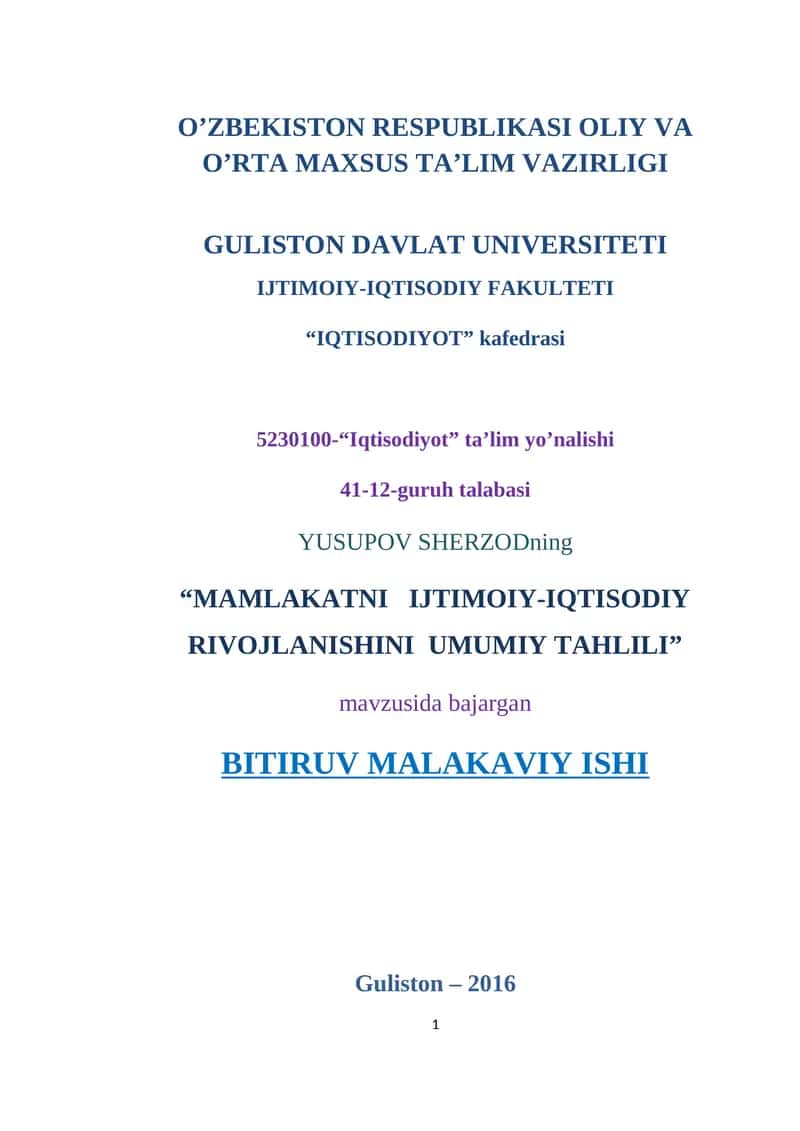 "MAMLAKATNI IJTIMOIY-IQTISODIY RIVOJLANISHINI UMUMIY TAHLILI" 1