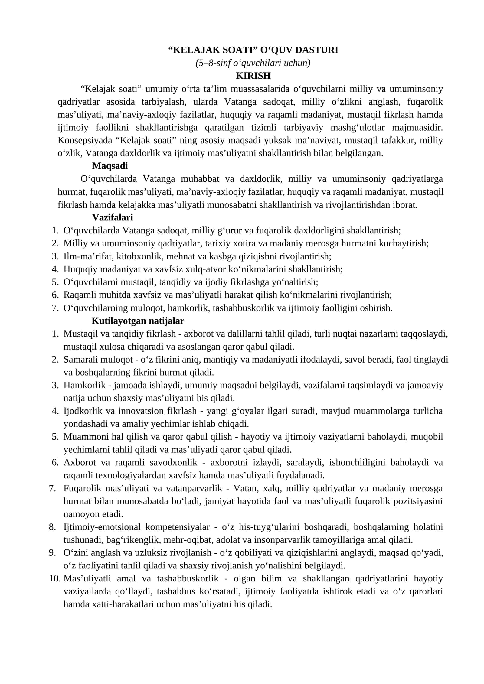KELAJAK SOATI O‘QUV DASTURI 5-8 SINF MAVZULAR REJALARI 2026-2027 O'QUV YILI 1