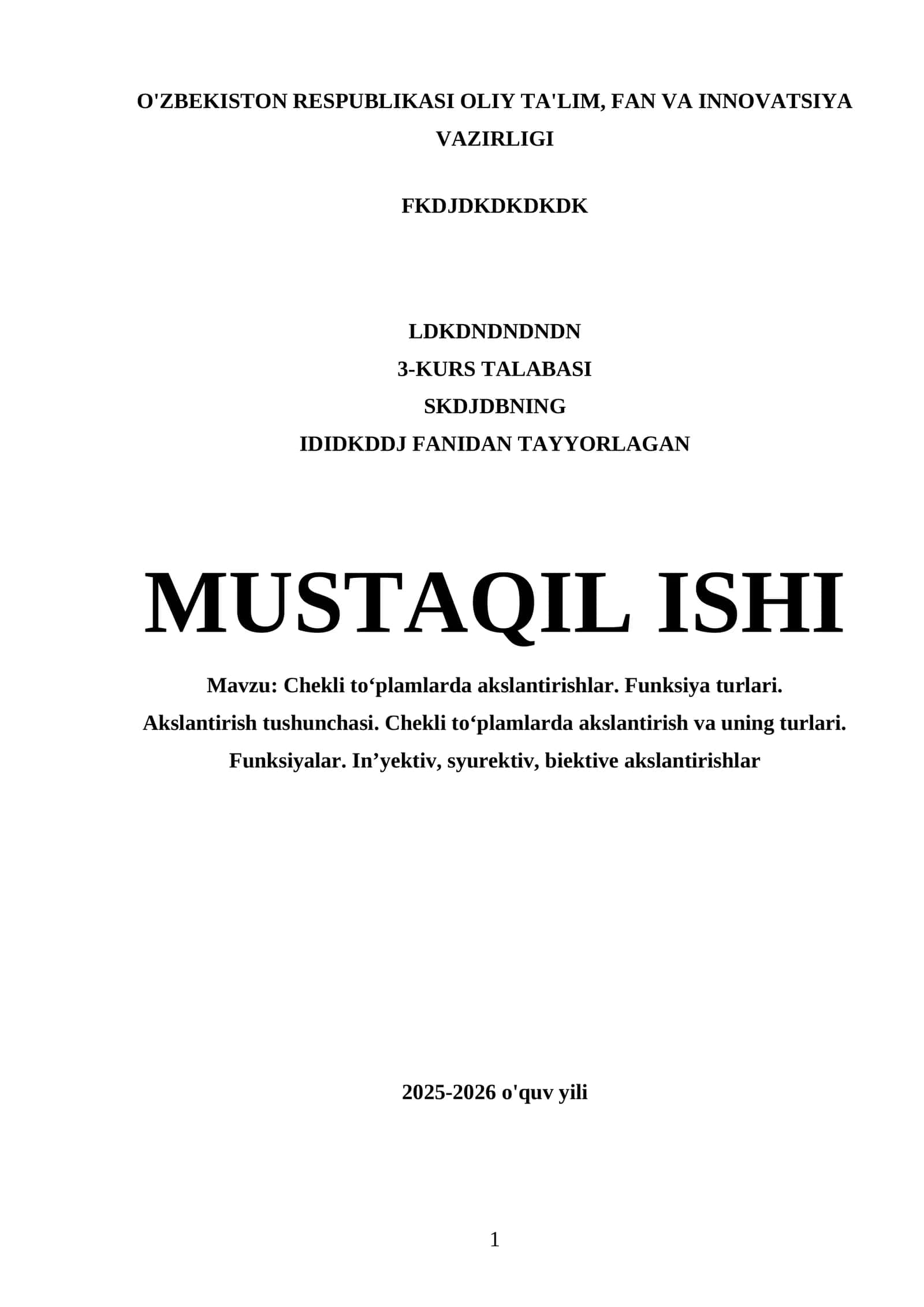 Chekli to‘plamlarda akslantirishlar. Funksiya turlari 1