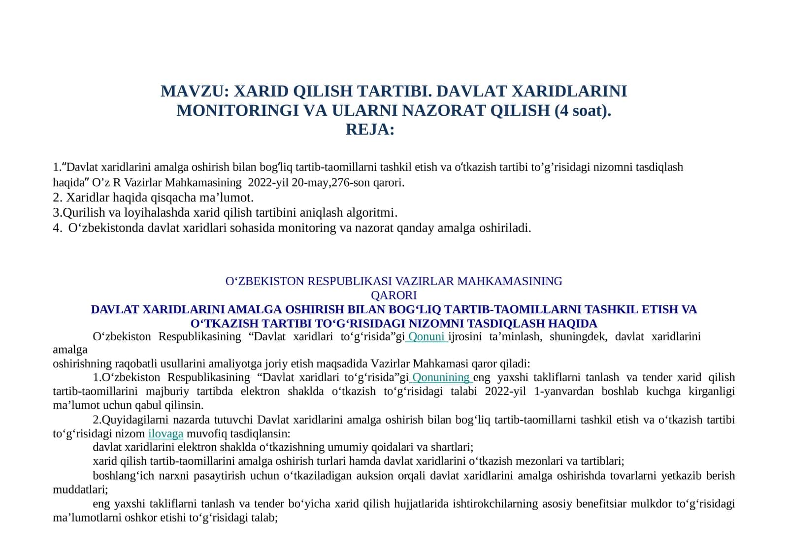 XARIDQILISHTARTIBI.DAVLATXARIDLARINIMONITORINGIVAULARNINAZORATQILISH(4soat) 1