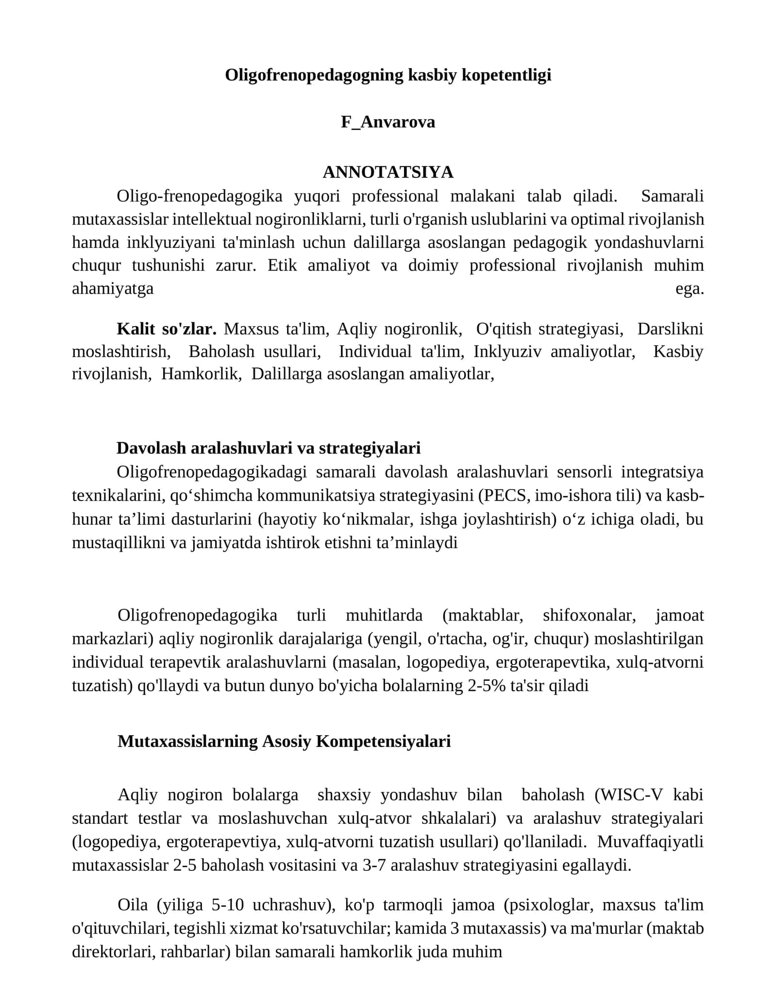 Oligofrenopedagogning kasbiy kopetentligi 1