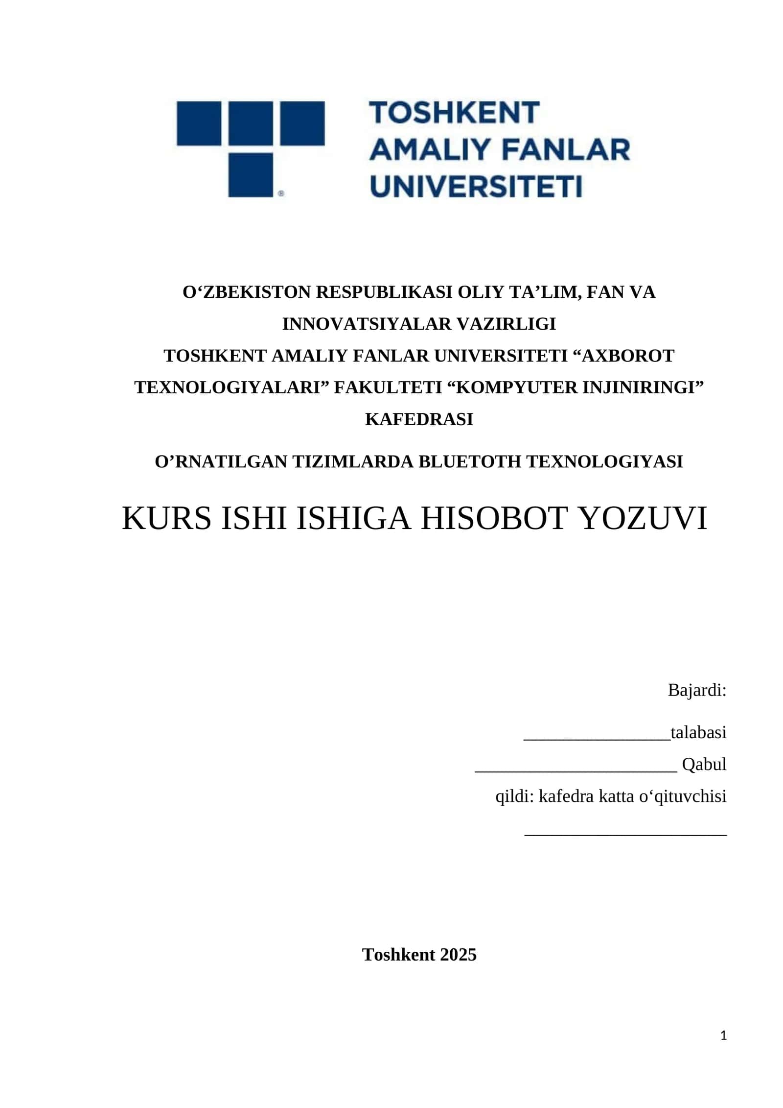 KURS ISHI: “O‘rnatilgan tizimlarda Bluetooth texnologiyasi” 1