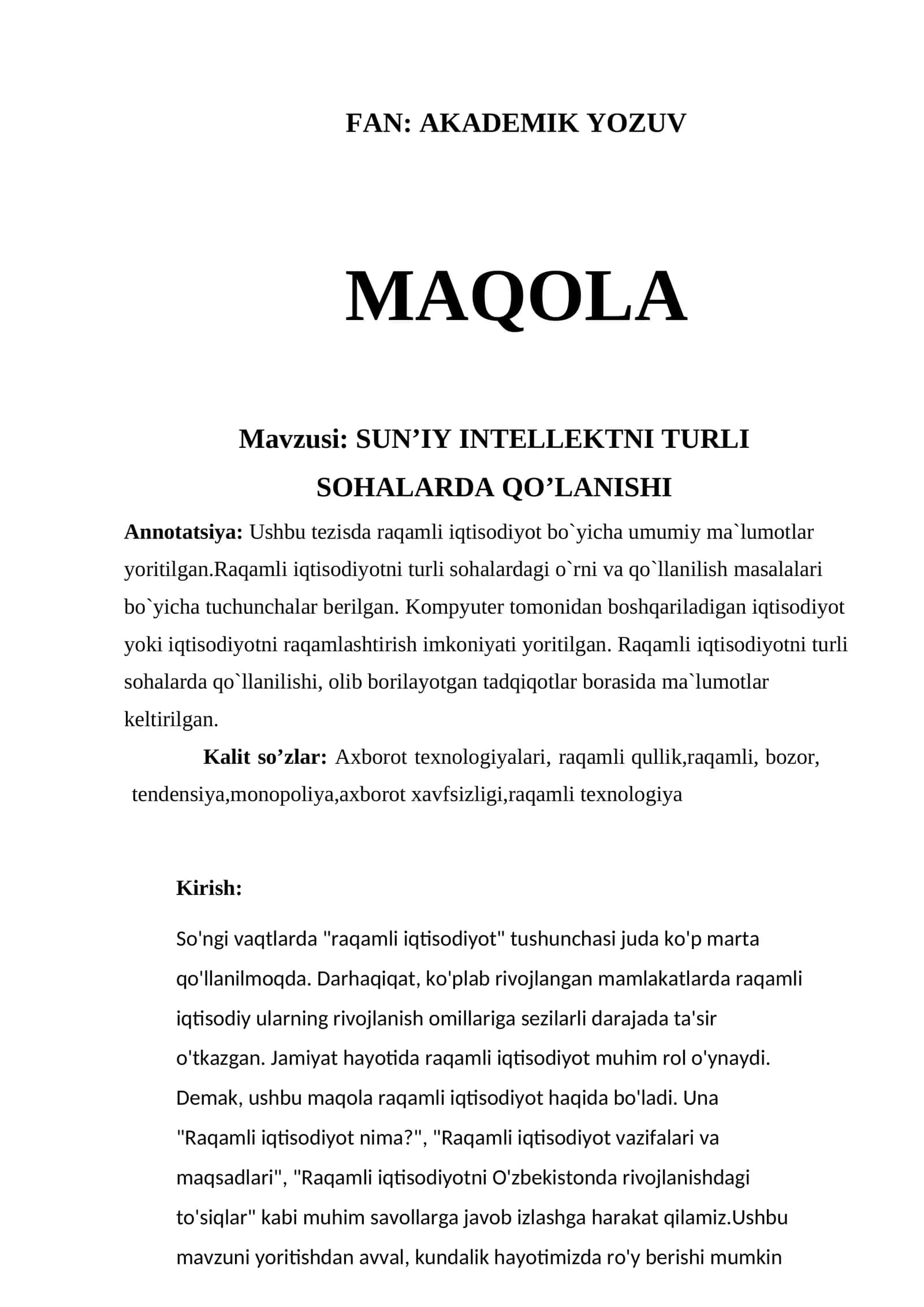 SUN’IY INTELLEKTNI TURLI SOHALARDA QO’LANISHI 1