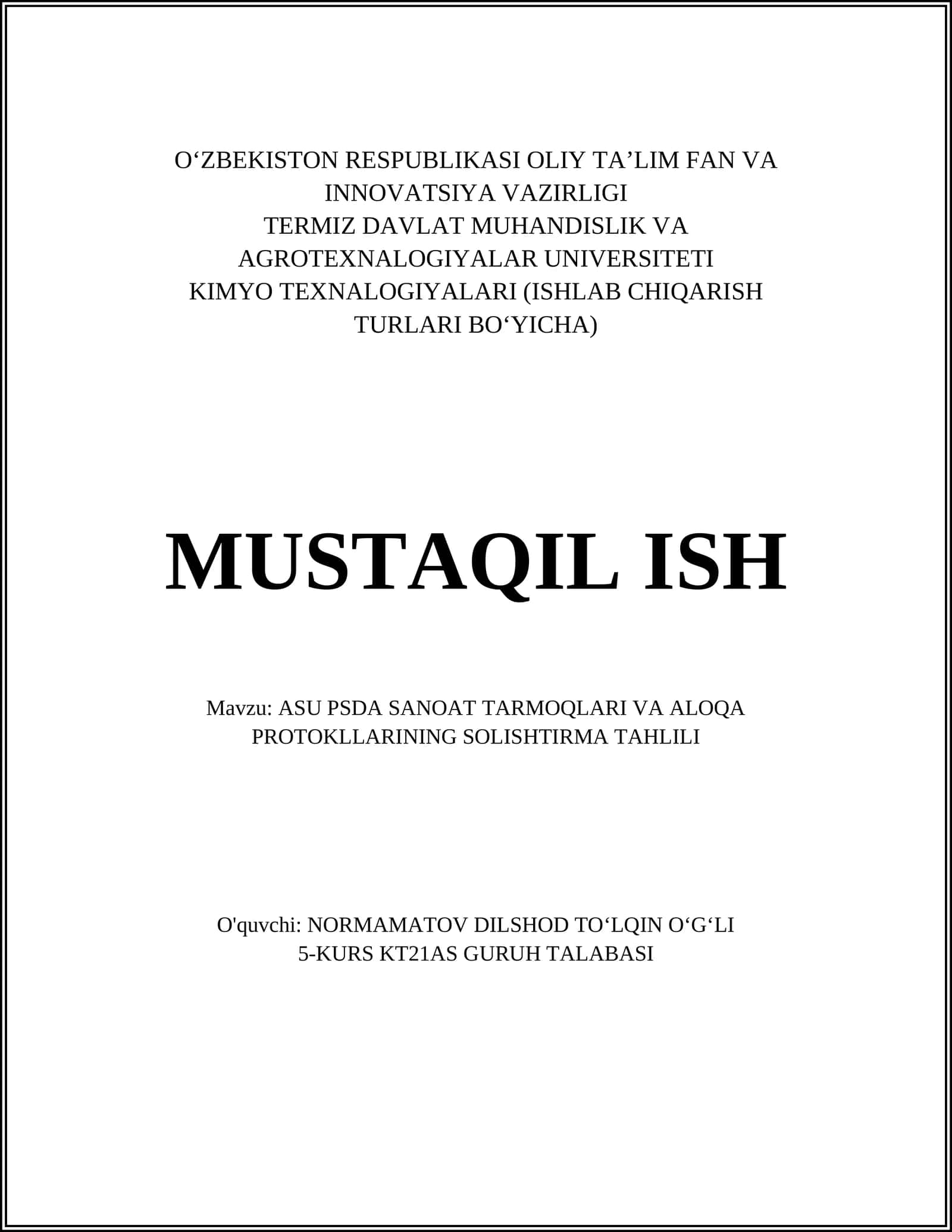 ASU PSDA SANOAT TARMOQLARI VA ALOQA PROTOKLLARINING SOLISHTIRMA TAHLILI 1