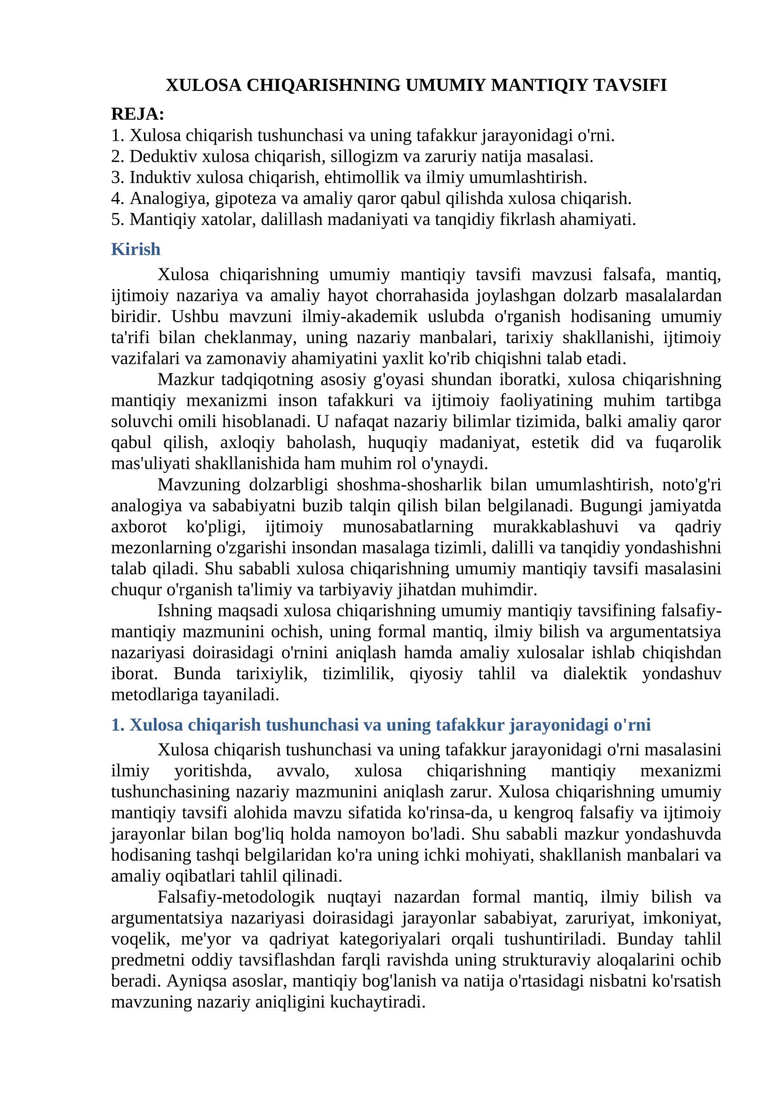 Xulosa Chiqarishning Umumiy Mantiqiy Tavsifi 1