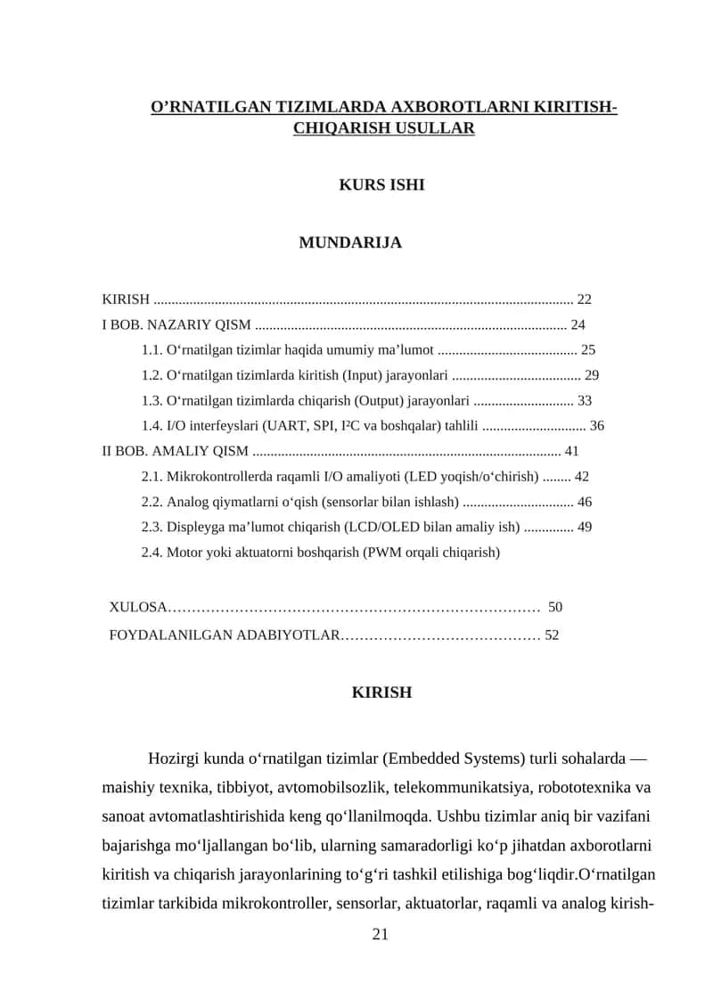 O’RNATILGAN TIZIMLARDA AXBOROTLARNI KIRITISH-CHIQARISH USULLAR KURS ISHI 1